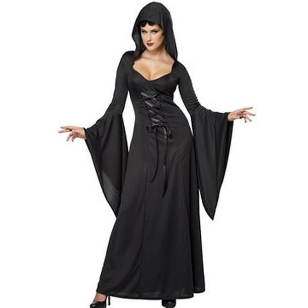Womens Deluxe Hooded BLACK Vampire Dress Robe Black Halloween Costume 